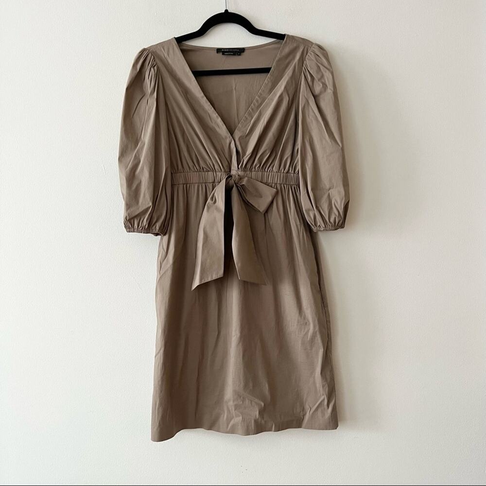 BCBGMaxAzria Tan Puff Sleeve Tie Front Dress